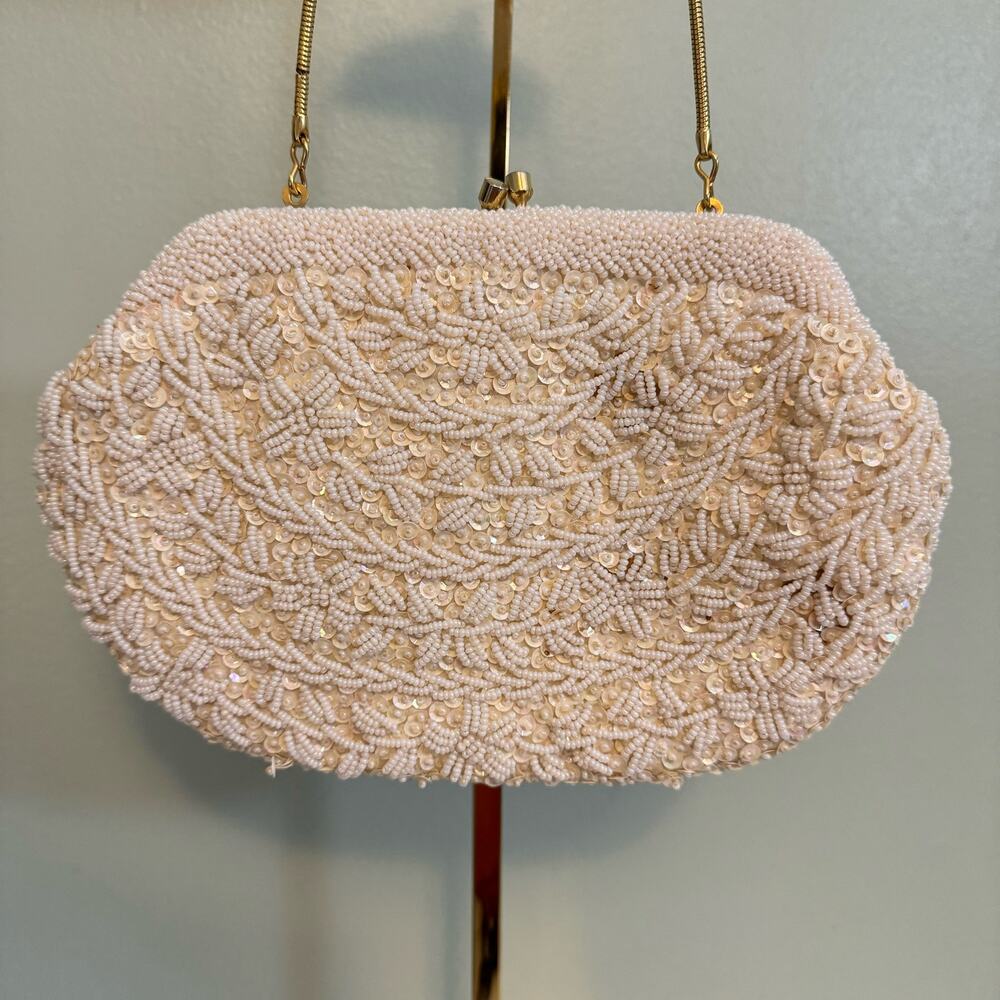 Vintage Beaded Clutch Shoulder Bag Evening Handbag Purse Sequin Elegant Cream - Picture 3 of 11